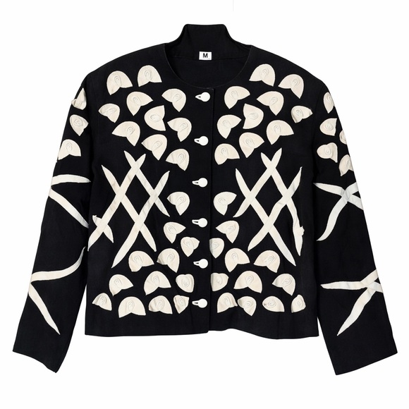 Kanar Black & Ivory Abstract Leather Appliqué Size M Artisan Statement Jacket - Picture 2 of 8
